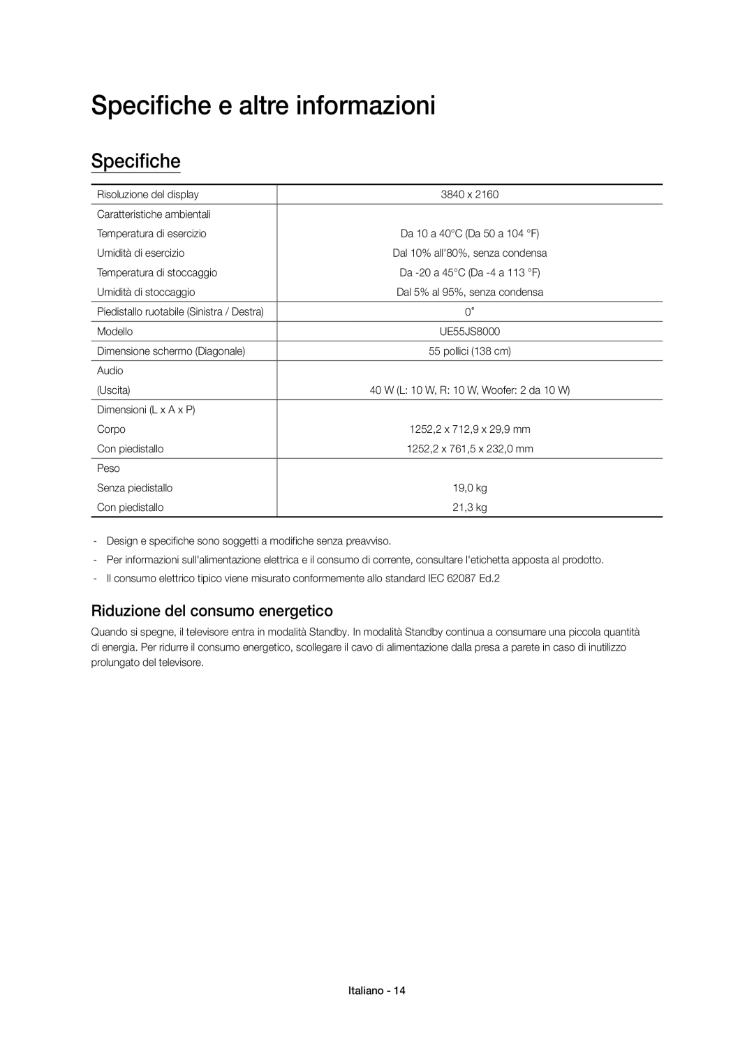 Samsung UE55JS8000TXZT manual Specifiche e altre informazioni, Riduzione del consumo energetico 