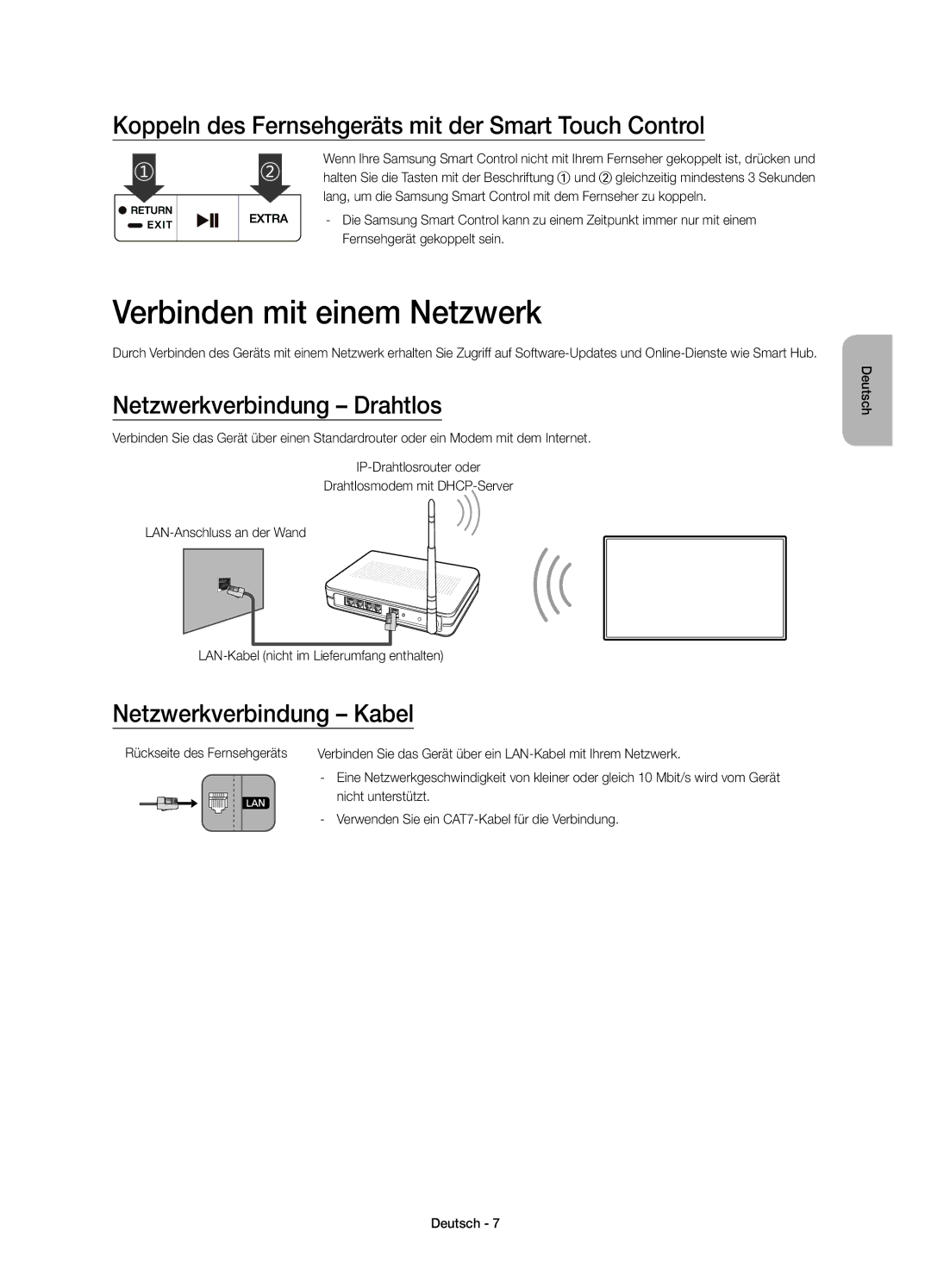 Samsung UE55JS8000TXZT manual Verbinden mit einem Netzwerk, Koppeln des Fernsehgeräts mit der Smart Touch Control 