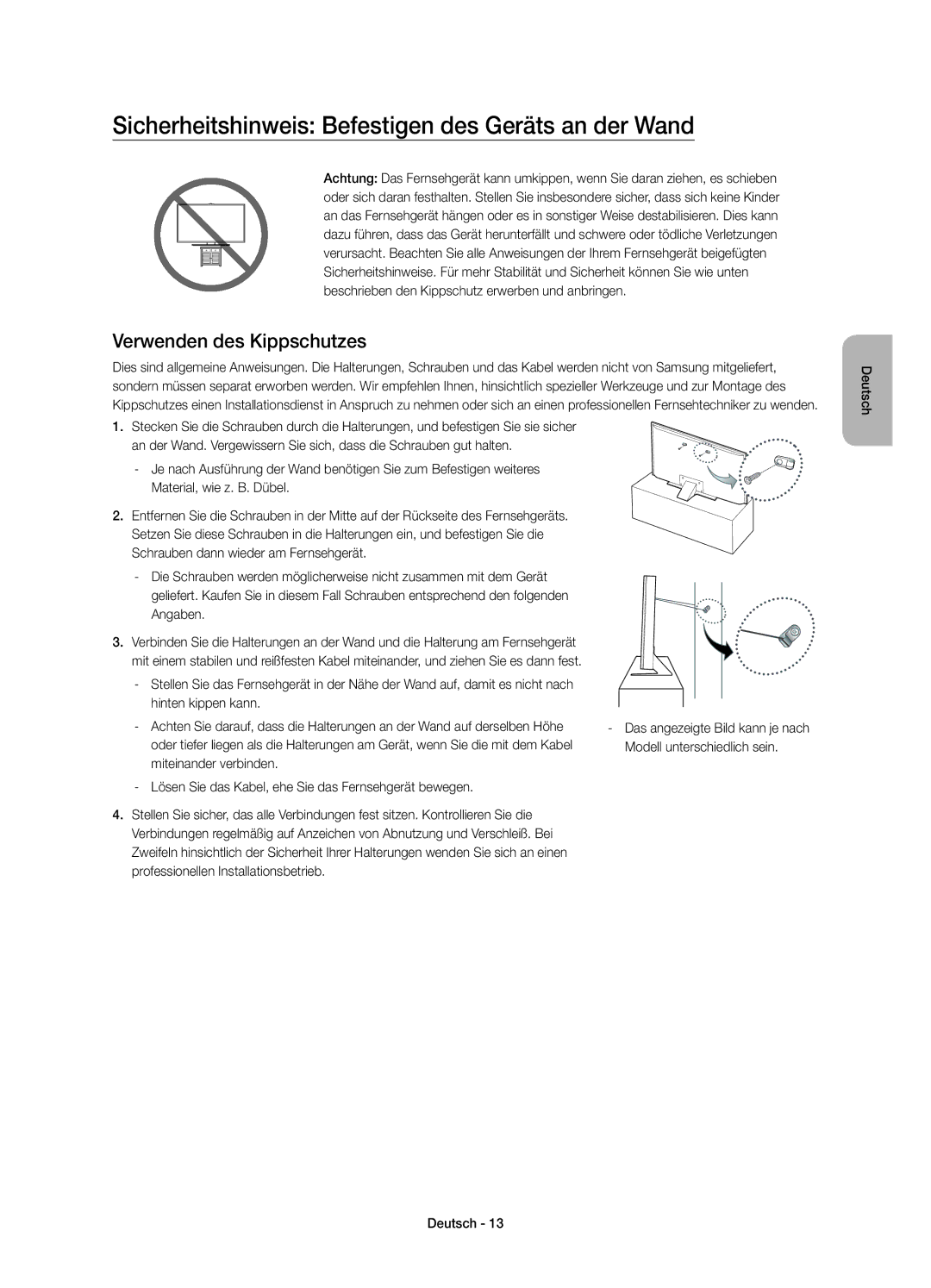 Samsung UE55JS8000TXZT manual Sicherheitshinweis Befestigen des Geräts an der Wand, Verwenden des Kippschutzes, Angaben 