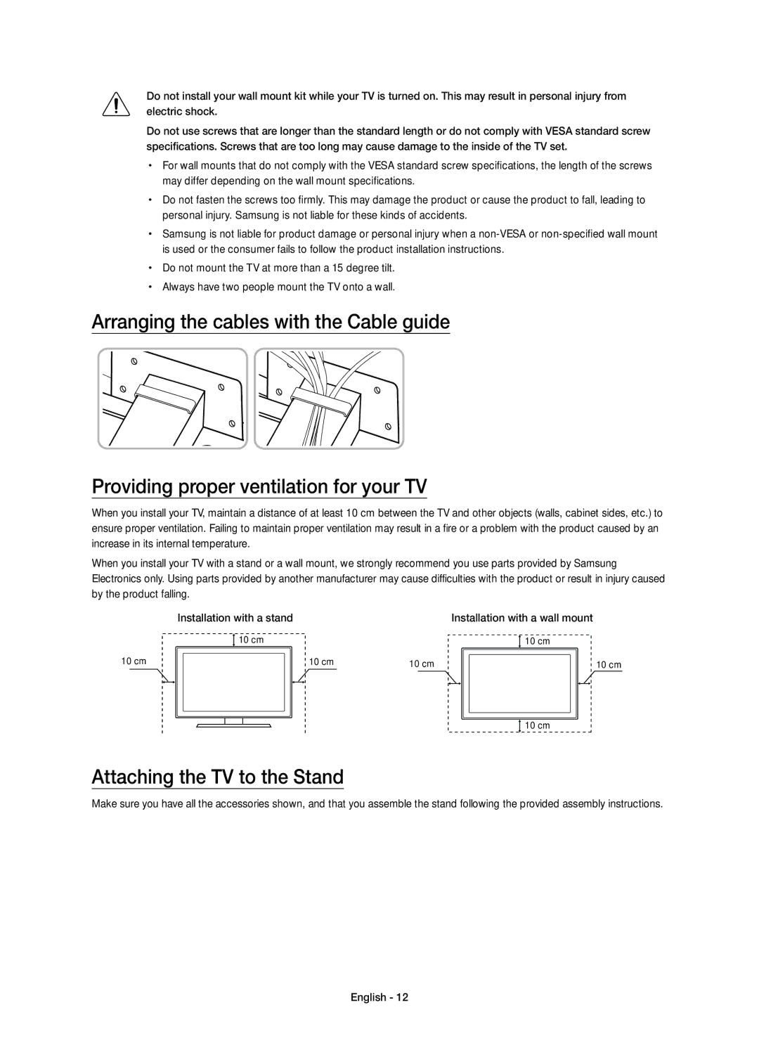 Samsung UE55JS8005TXXE manual Attaching the TV to the Stand, Installation with a wall mount 