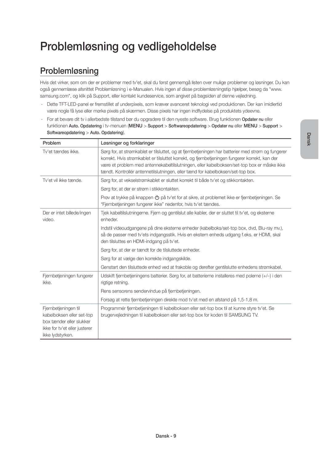 Samsung UE55JS8005TXXE manual Problemløsning og vedligeholdelse 