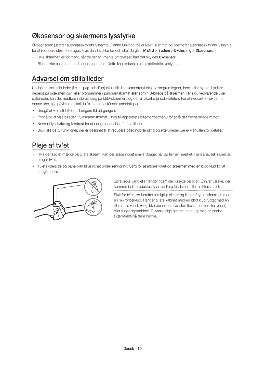 Samsung UE55JS8005TXXE manual Økosensor og skærmens lysstyrke, Pleje af tvet 