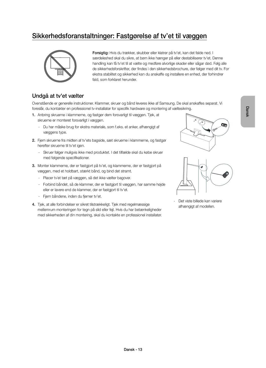 Samsung UE55JS8005TXXE manual Sikkerhedsforanstaltninger Fastgørelse af tv’et til væggen, Undgå at tvet vælter 