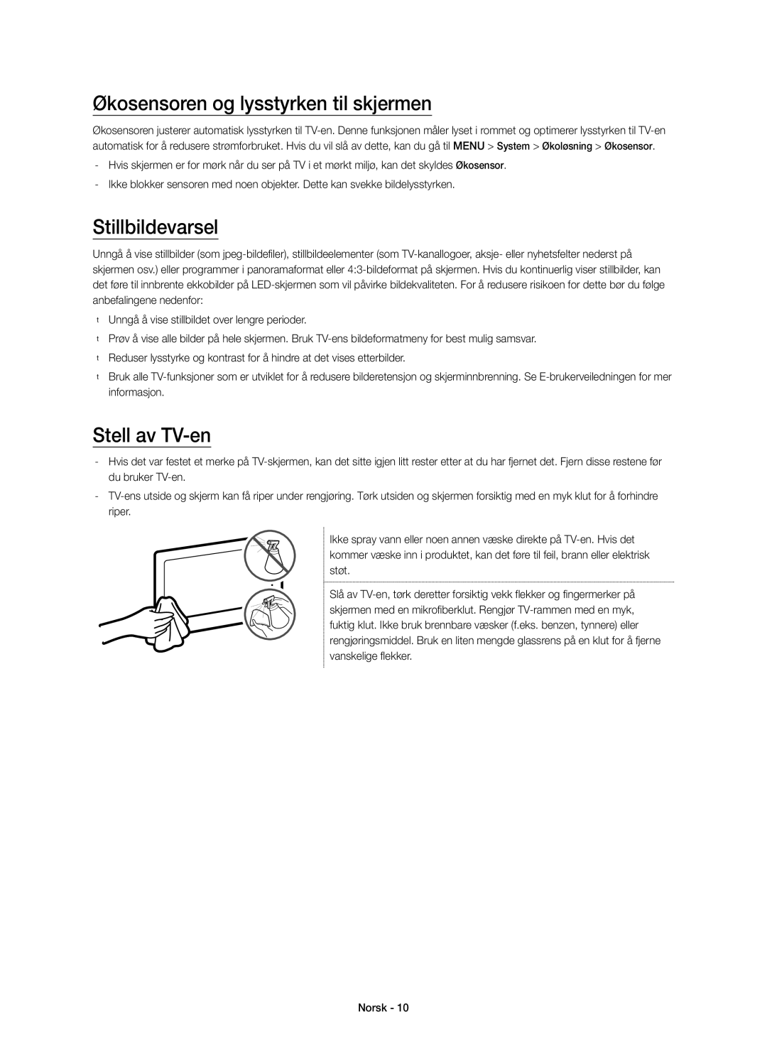 Samsung UE55JS8005TXXE manual Økosensoren og lysstyrken til skjermen, Stillbildevarsel, Stell av TV-en 