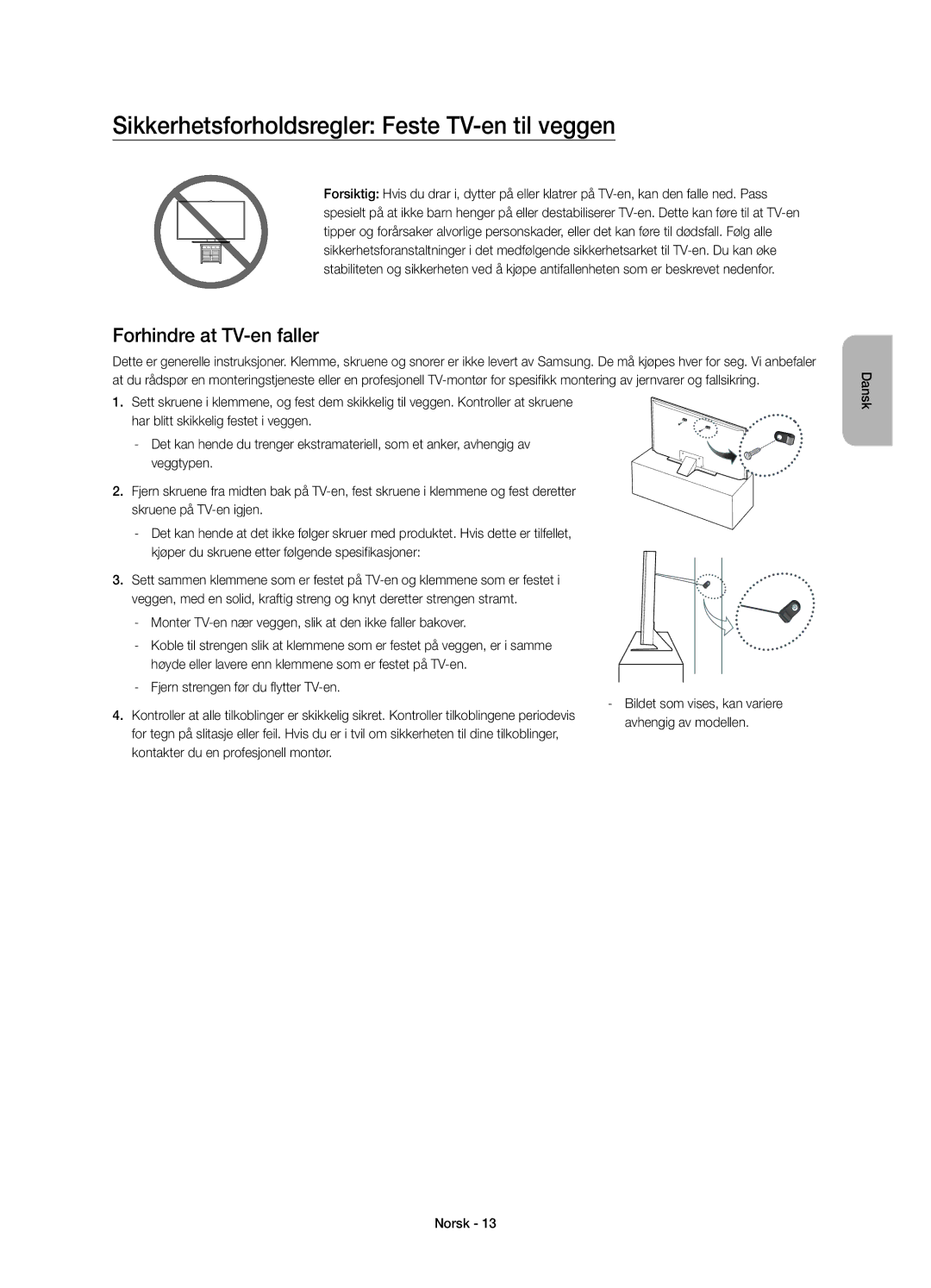 Samsung UE55JS8005TXXE Sikkerhetsforholdsregler Feste TV-en til veggen, Forhindre at TV-en faller, Avhengig av modellen 