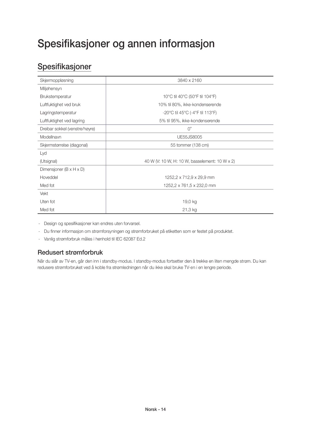 Samsung UE55JS8005TXXE manual Spesifikasjoner og annen informasjon, Redusert strømforbruk 