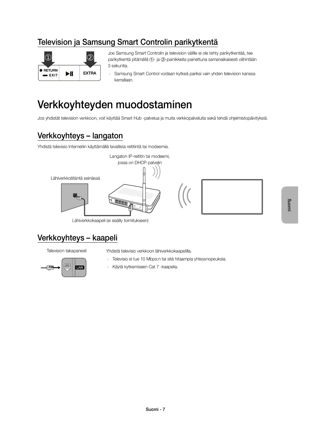 Samsung UE55JS8005TXXE manual Verkkoyhteyden muodostaminen, Television ja Samsung Smart Controlin parikytkentä 