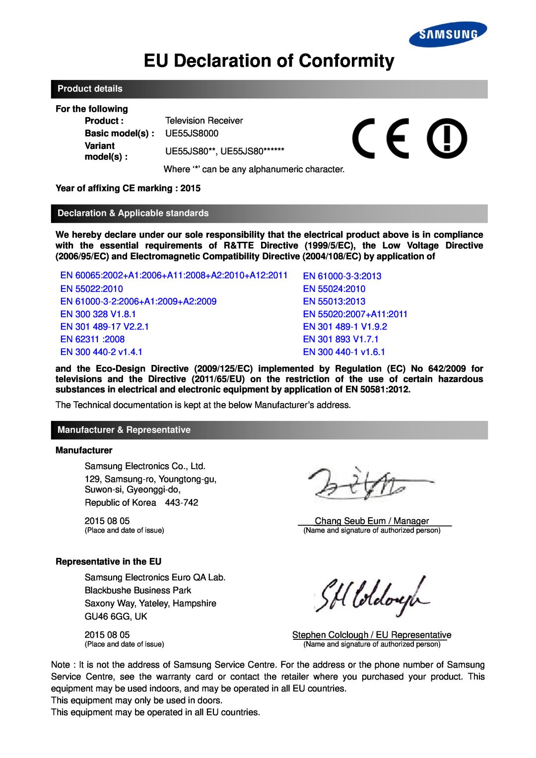 Samsung UE55JS8000LXXH manual EU Declaration of Conformity, Product details, Declaration & Applicable standards 