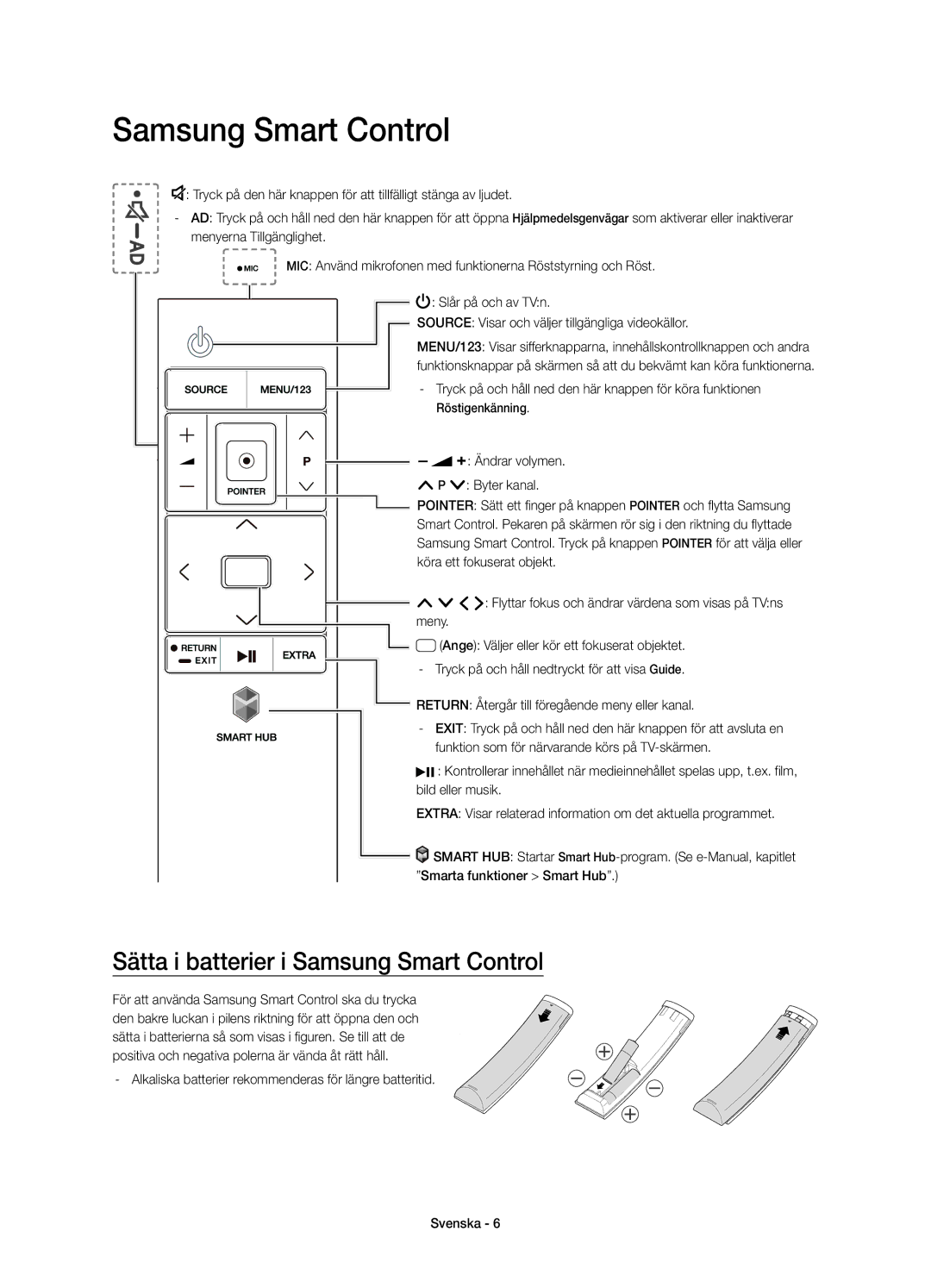 Samsung UE55JS8505TXXE manual Sätta i batterier i Samsung Smart Control, Return Återgår till föregående meny eller kanal 