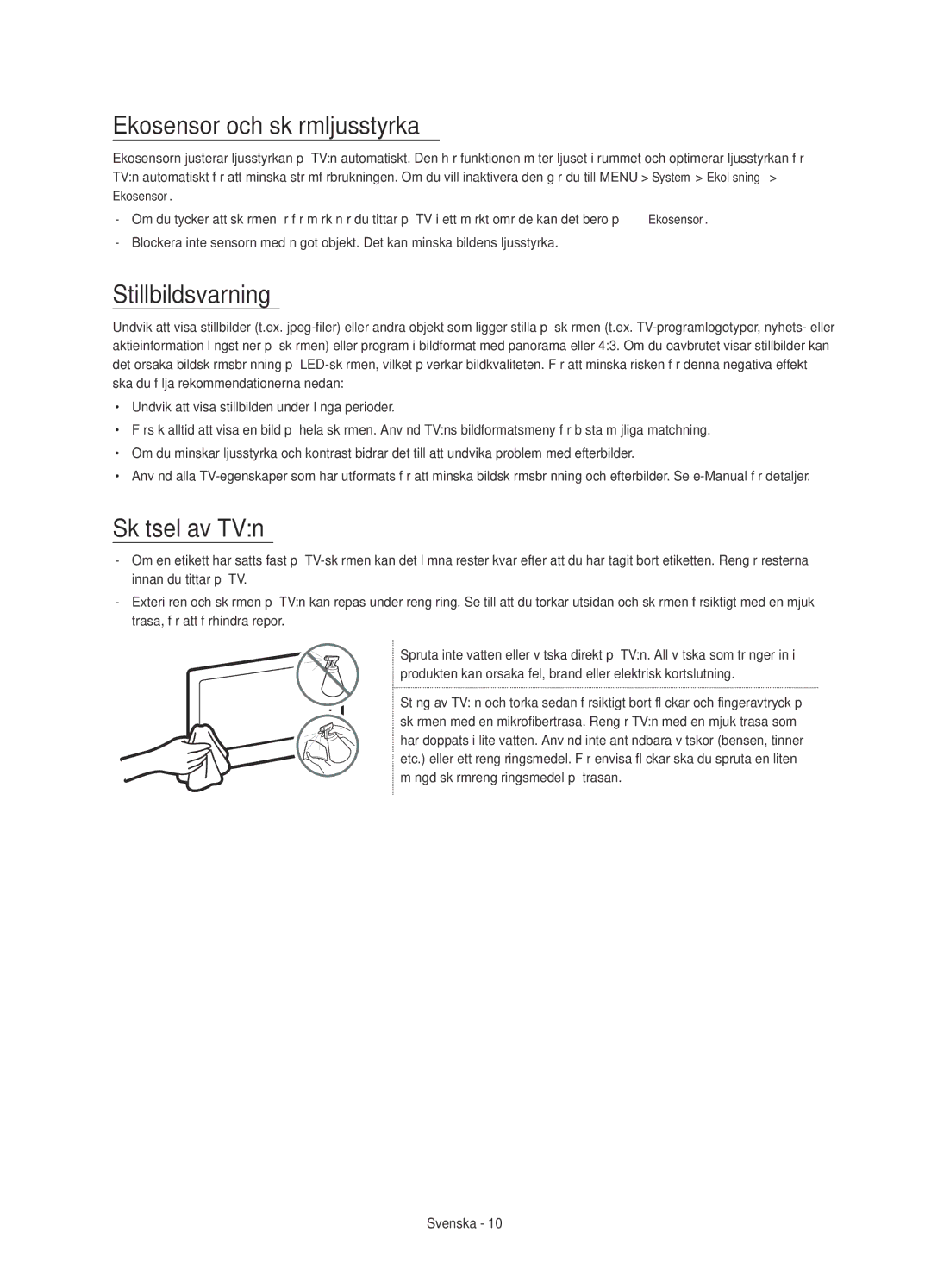 Samsung UE55JS8505TXXE, UE48JS8505TXXE manual Ekosensor och skärmljusstyrka, Stillbildsvarning, Skötsel av TVn 