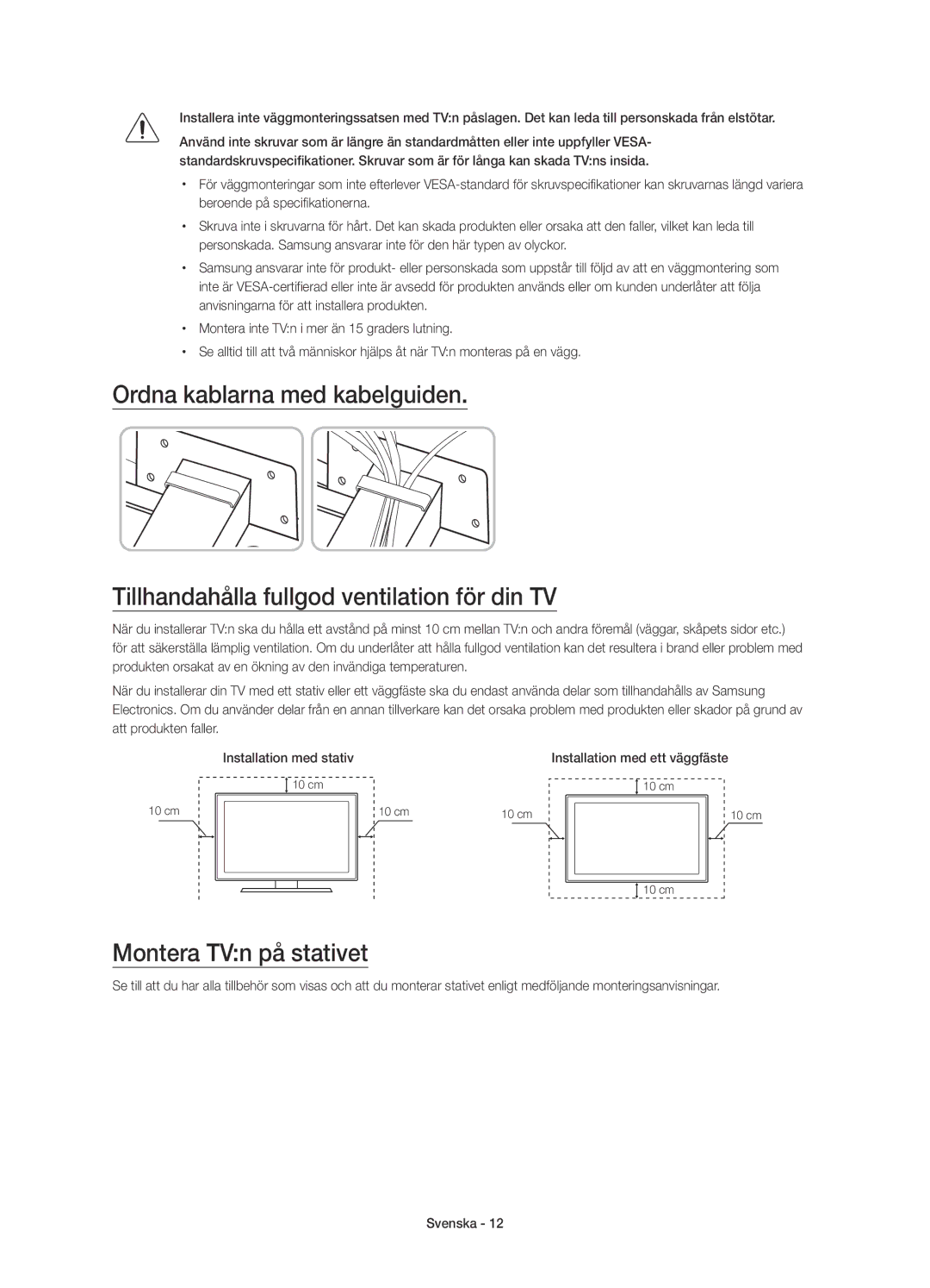 Samsung UE55JS8505TXXE, UE48JS8505TXXE manual Montera TVn på stativet, Installation med ett väggfäste 