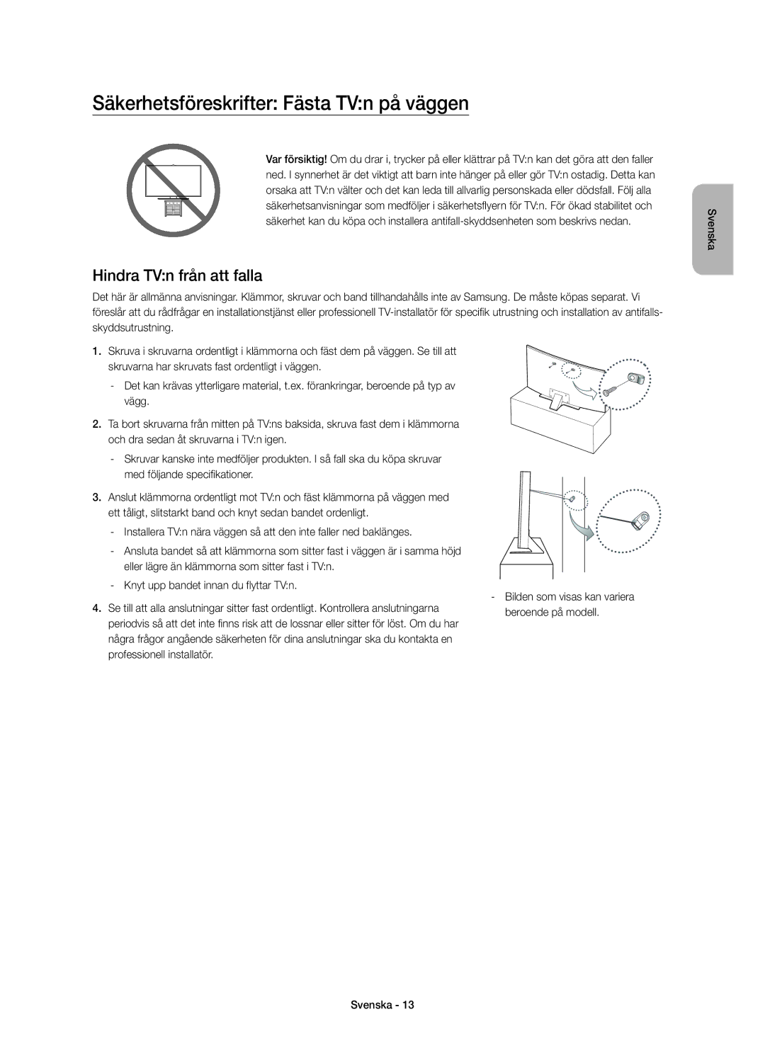 Samsung UE48JS8505TXXE, UE55JS8505TXXE manual Säkerhetsföreskrifter Fästa TVn på väggen, Hindra TVn från att falla 