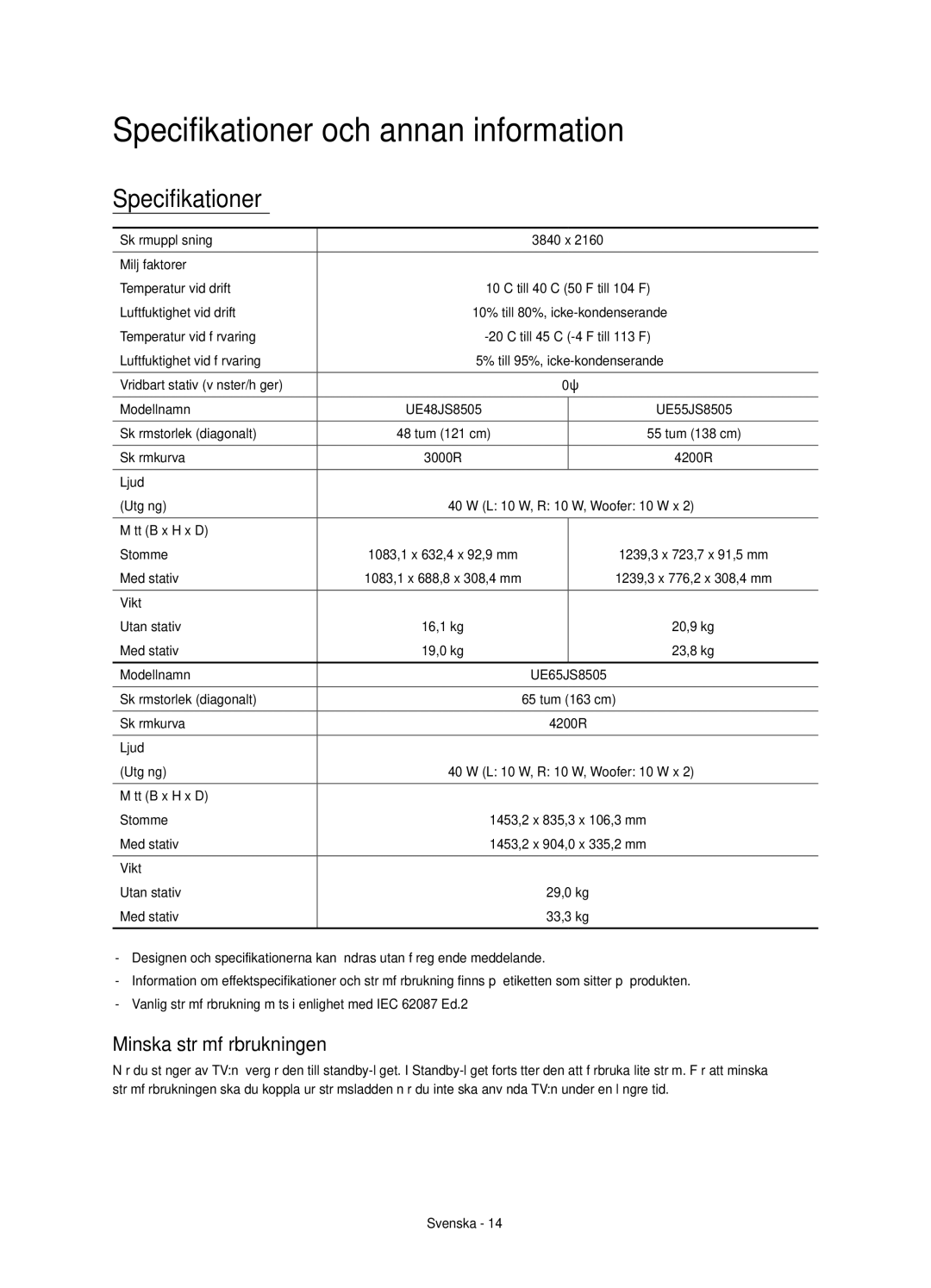 Samsung UE55JS8505TXXE, UE48JS8505TXXE manual Specifikationer och annan information, Minska strömförbrukningen 