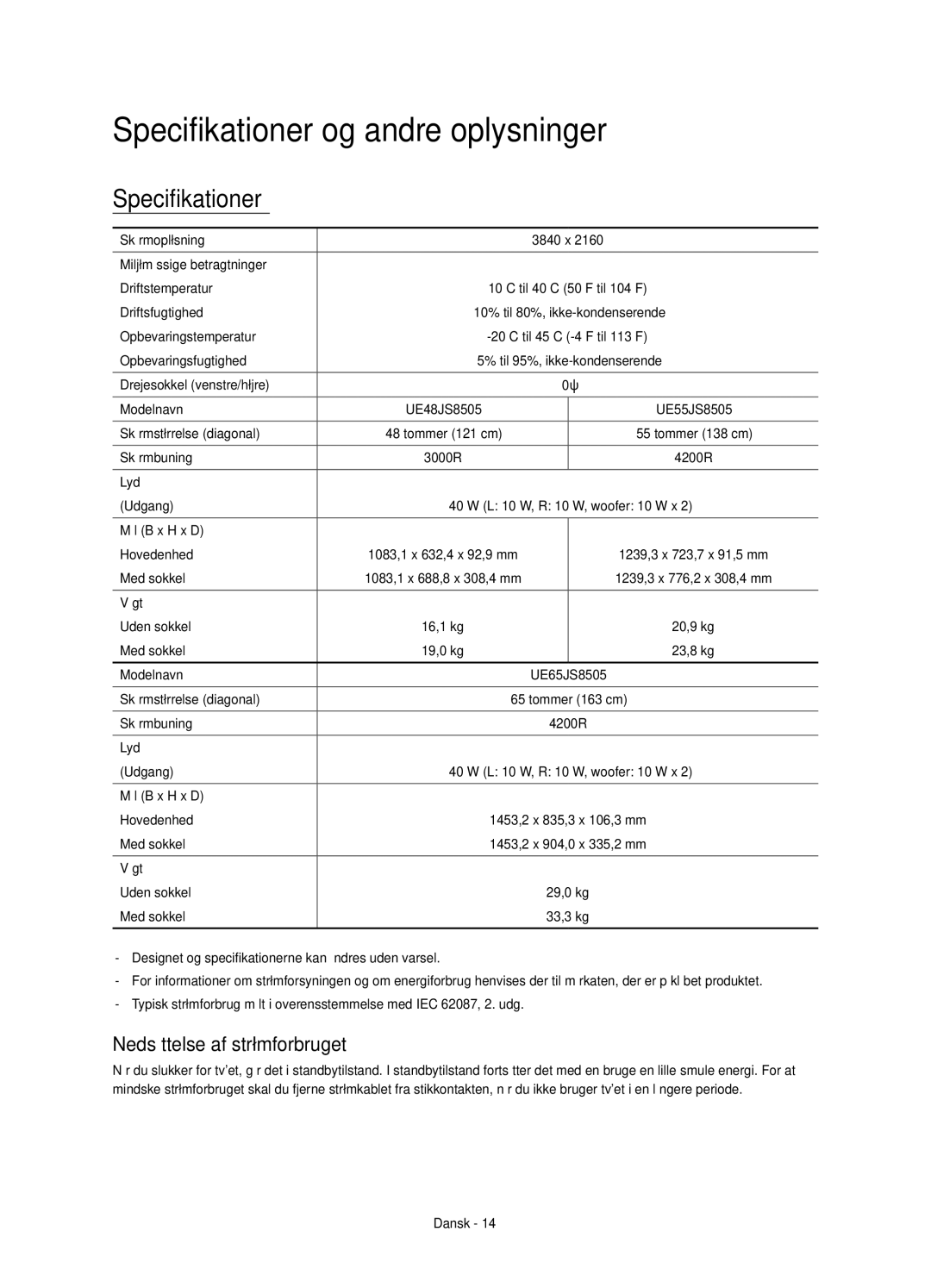 Samsung UE55JS8505TXXE, UE48JS8505TXXE manual Specifikationer og andre oplysninger, Nedsættelse af strømforbruget 