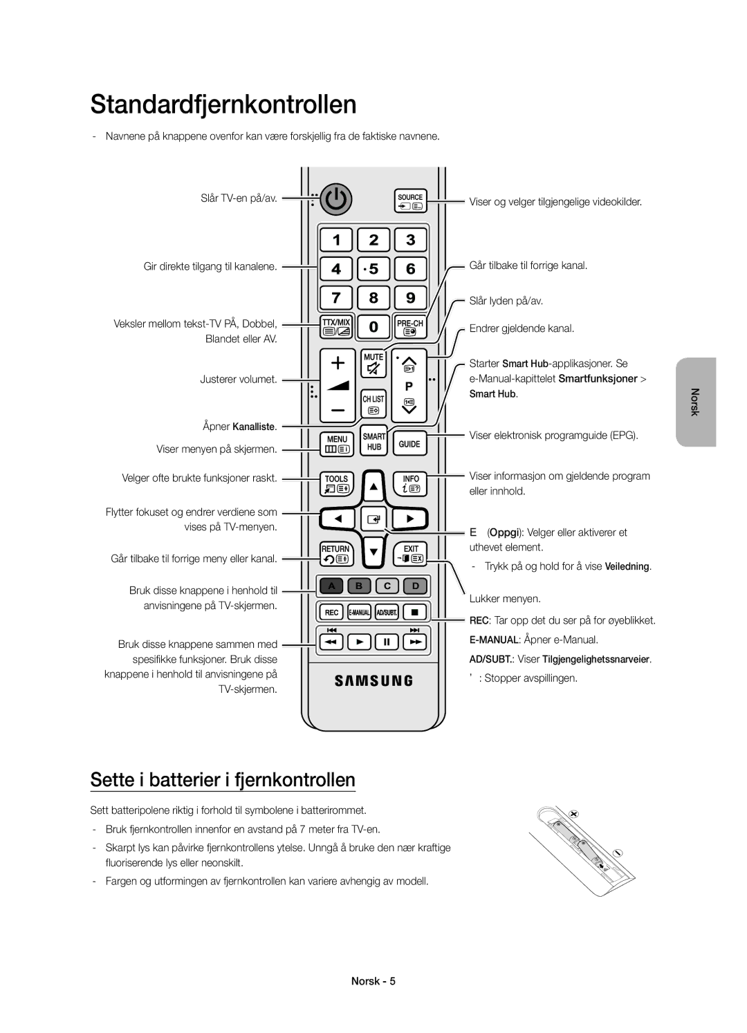 Samsung UE48JS8505TXXE, UE55JS8505TXXE manual Standardfjernkontrollen, Sette i batterier i fjernkontrollen 