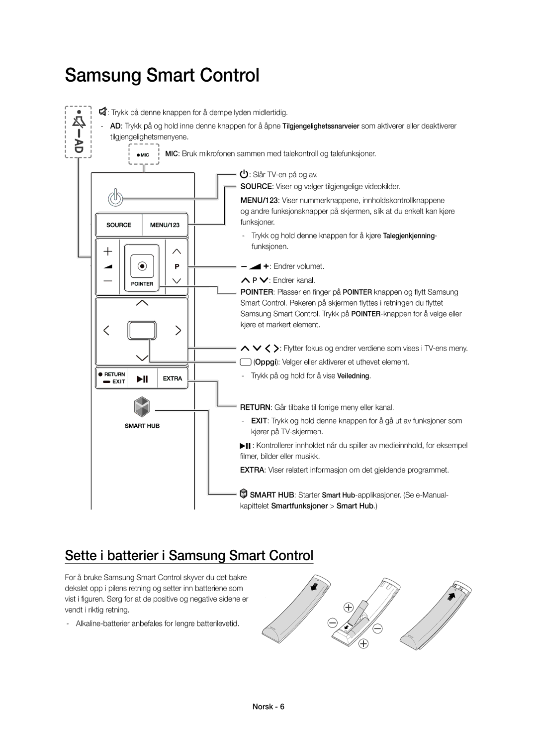 Samsung UE55JS8505TXXE, UE48JS8505TXXE manual Sette i batterier i Samsung Smart Control 