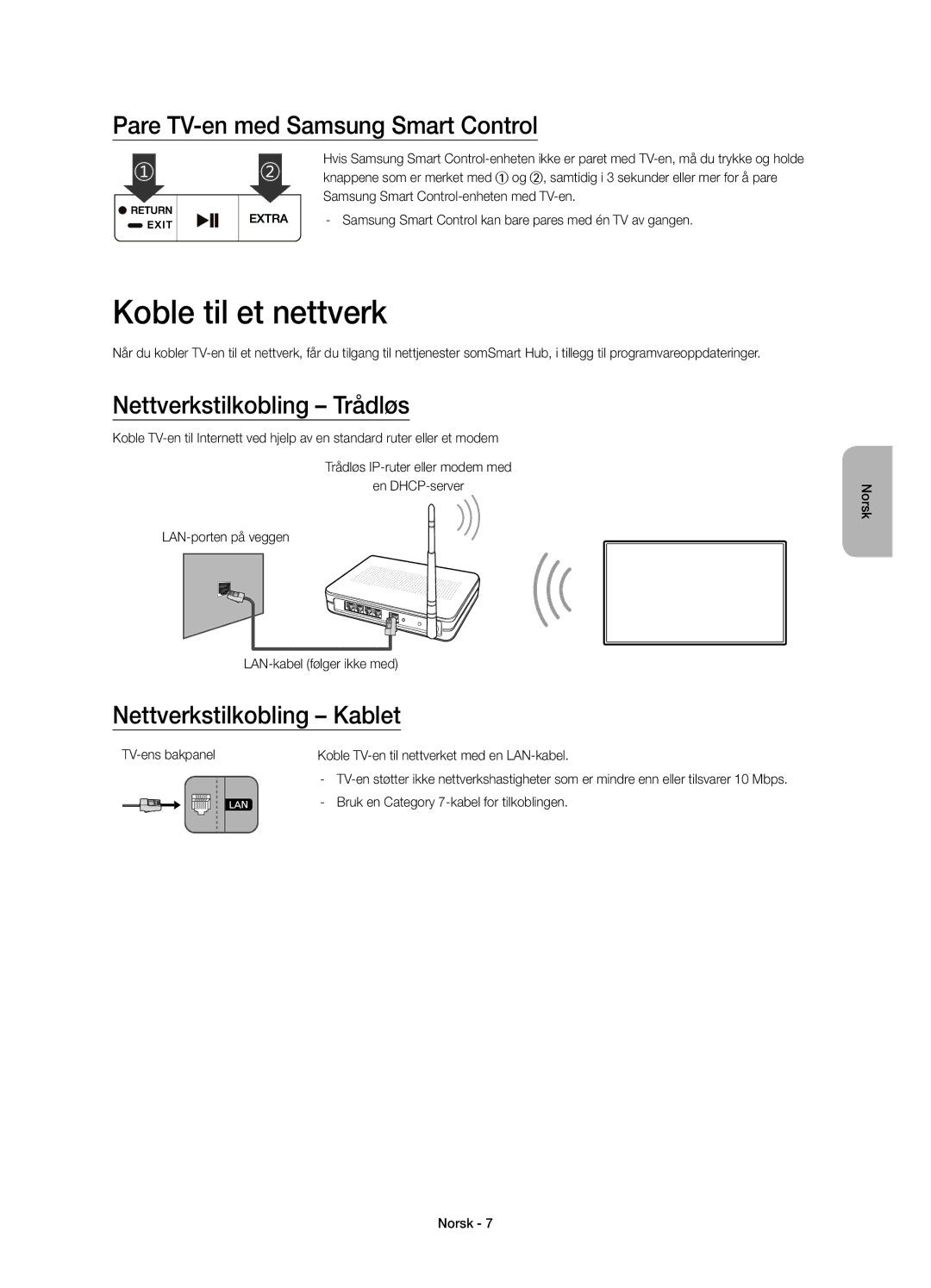 Samsung UE48JS8505TXXE manual Koble til et nettverk, Pare TV-en med Samsung Smart Control, Nettverkstilkobling Trådløs 