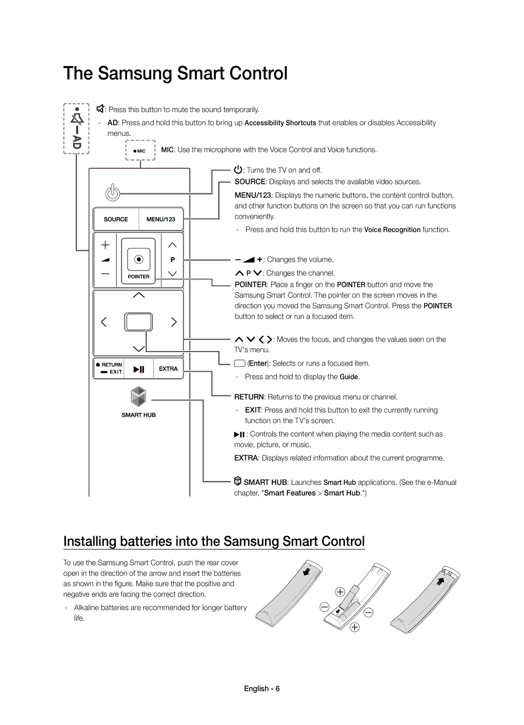 Samsung UE55JS8505TXXE, UE48JS8505TXXE manual Installing batteries into the Samsung Smart Control 