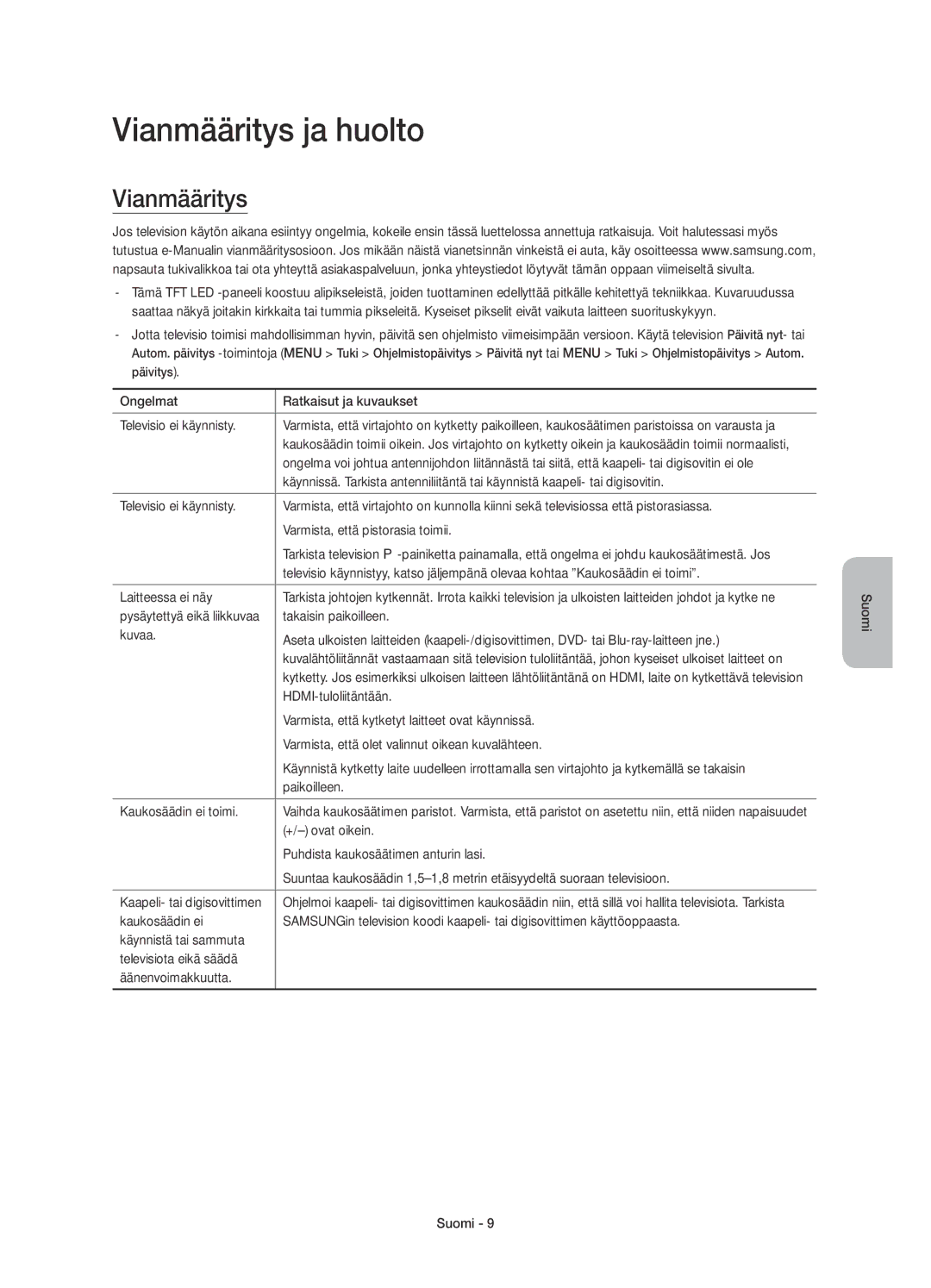 Samsung UE48JS8505TXXE, UE55JS8505TXXE manual Vianmääritys ja huolto 