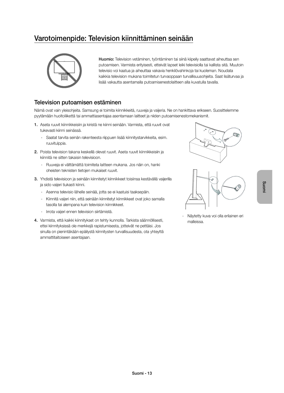 Samsung UE48JS8505TXXE, UE55JS8505TXXE Varotoimenpide Television kiinnittäminen seinään, Television putoamisen estäminen 