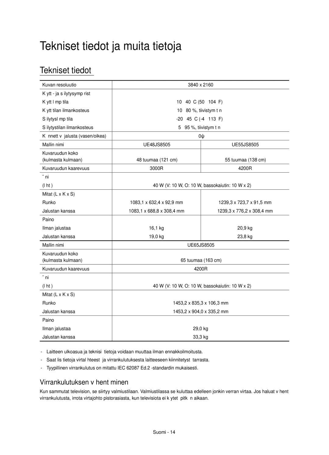 Samsung UE55JS8505TXXE, UE48JS8505TXXE manual Tekniset tiedot ja muita tietoja, Virrankulutuksen vähentäminen 