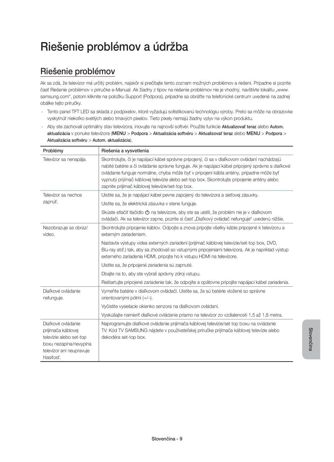 Samsung UE65JS9002TXXH, UE55JS9000LXXH, UE65JS9000LXXH, UE48JS9000LXXH, UE65JS9000LXXN manual Riešenie problémov a údržba 
