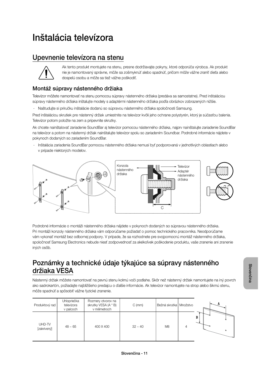 Samsung UE65JS9000LXXH manual Inštalácia televízora, Upevnenie televízora na stenu, Montáž súpravy nástenného držiaka 