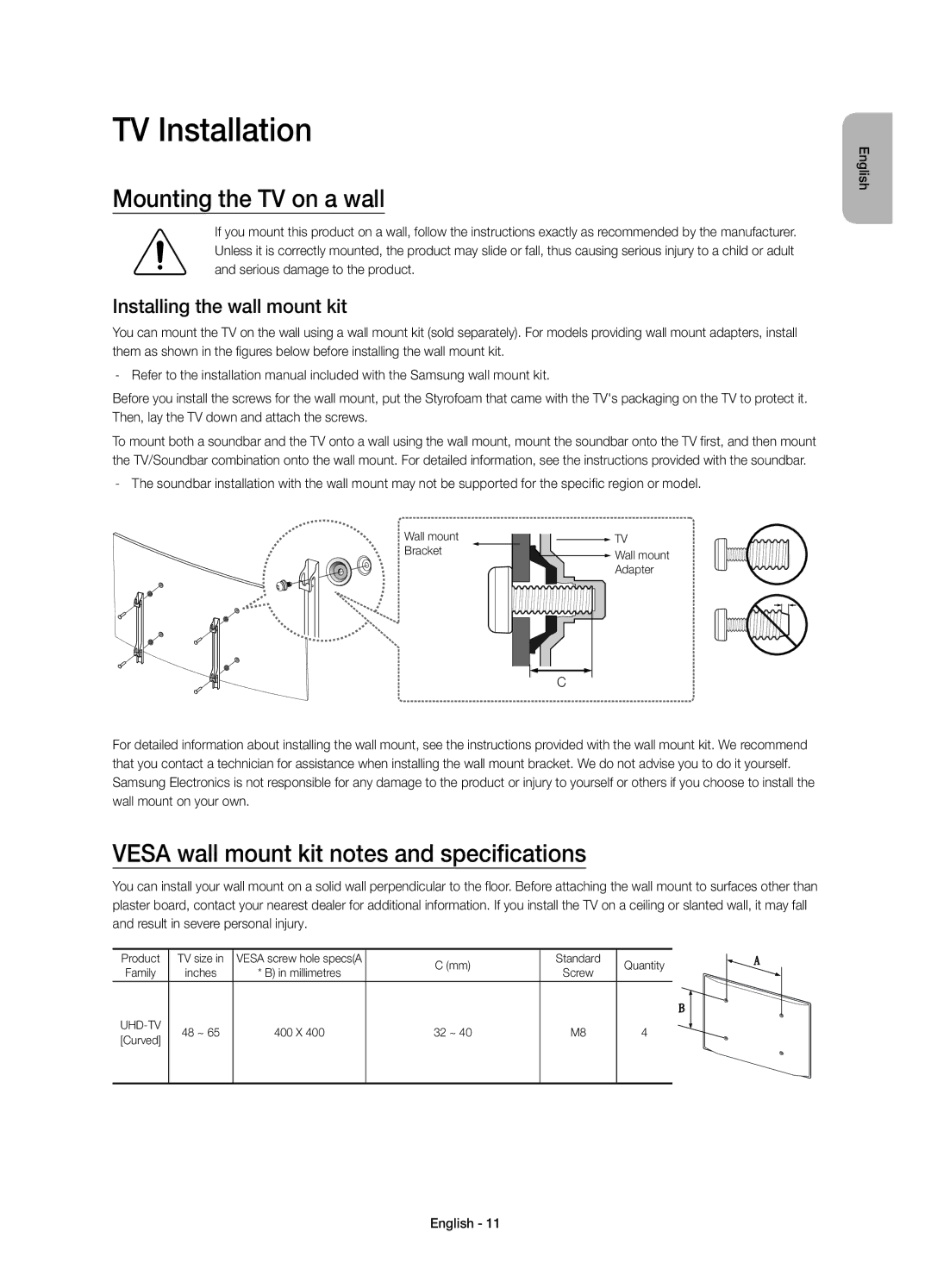 Samsung UE48JS9000LXXH manual TV Installation, Mounting the TV on a wall, Vesa wall mount kit notes and specifications 