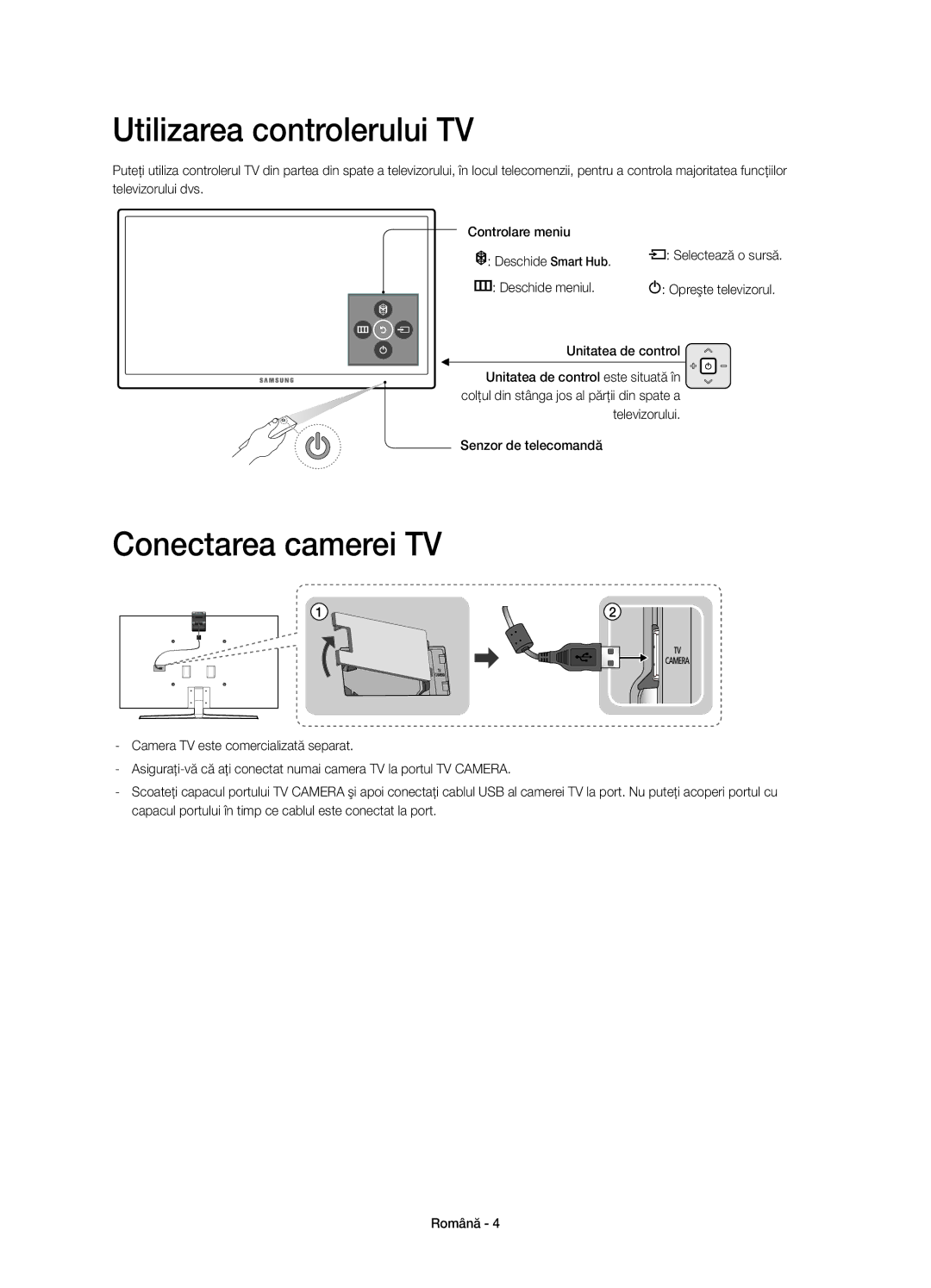 Samsung UE65JS9002TXXH, UE55JS9000LXXH, UE65JS9000LXXH Utilizarea controlerului TV, Conectarea camerei TV, Deschide meniul 