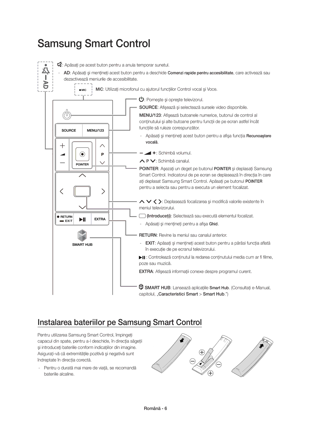 Samsung UE65JS9000LXXH, UE55JS9000LXXH Instalarea bateriilor pe Samsung Smart Control, Schimbă volumul Schimbă canalul 