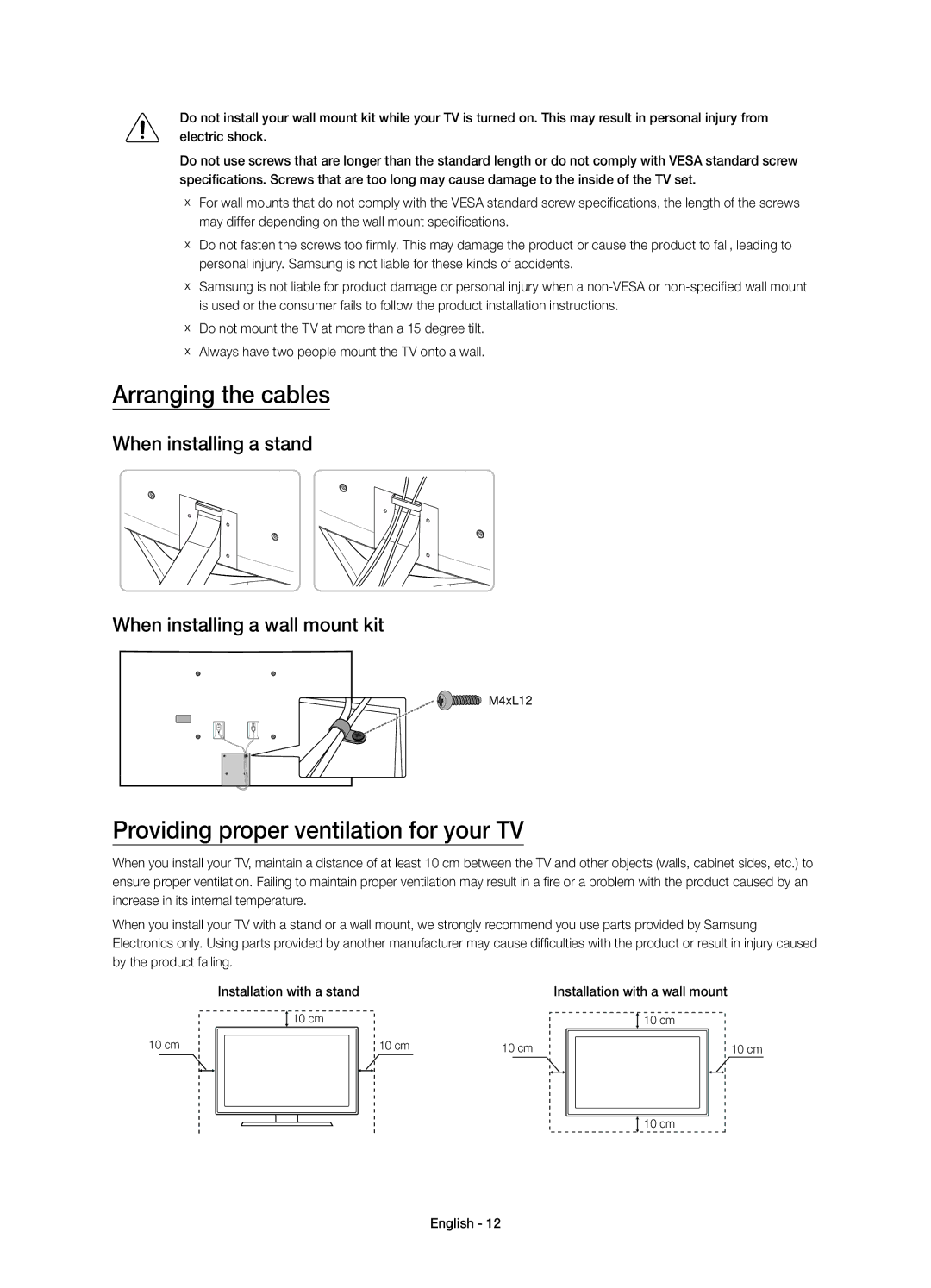 Samsung UE65JS9000LXXN Arranging the cables, Providing proper ventilation for your TV, Installation with a wall mount 