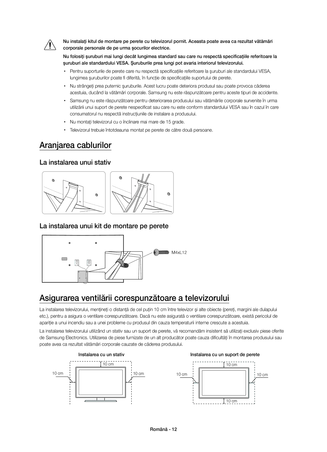 Samsung UE55JS9002TXXH, UE55JS9000LXXH manual Aranjarea cablurilor, Asigurarea ventilării corespunzătoare a televizorului 