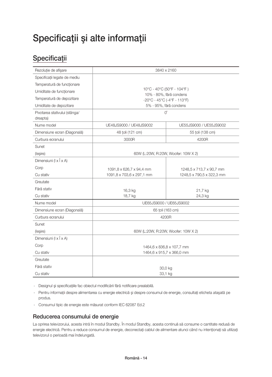 Samsung UE55JS9000LXXH, UE65JS9000LXXH, UE48JS9000LXXH Specificaţii şi alte informaţii, Reducerea consumului de energie 