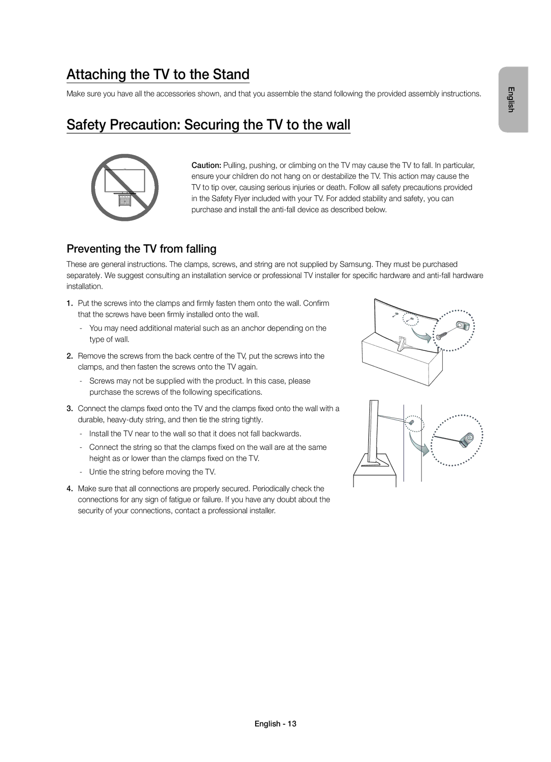 Samsung UE55JS9000LXXN, UE55JS9000LXXH manual Attaching the TV to the Stand, Safety Precaution Securing the TV to the wall 