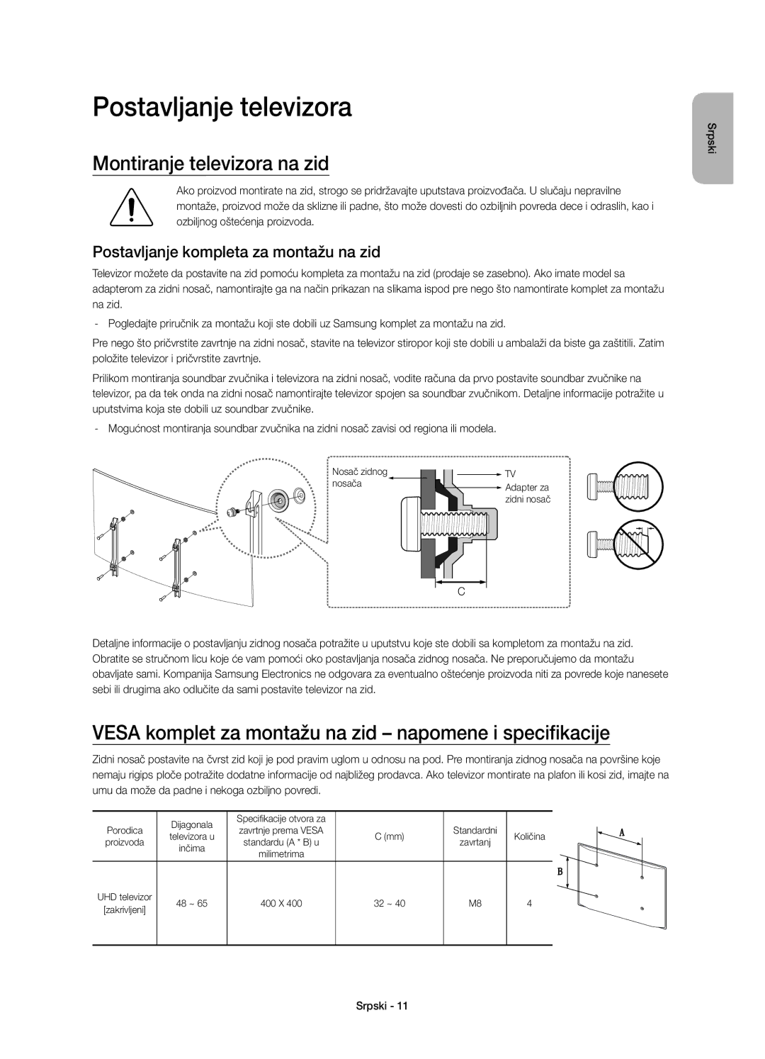 Samsung UE48JS9000LXXH manual Montiranje televizora na zid, Vesa komplet za montažu na zid napomene i specifikacije 