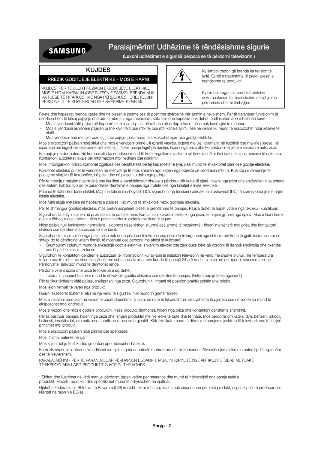 Samsung UE55JS9002TXXH, UE55JS9000LXXH, UE65JS9000LXXH, UE48JS9000LXXH Paralajmërim! Udhëzime të rëndësishme sigurie, Shqip 