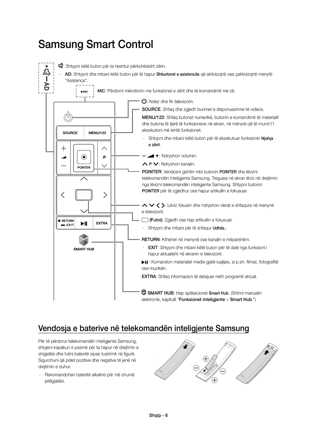 Samsung UE48JS9000LXXH, UE55JS9000LXXH Samsung Smart Control, Vendosja e baterive në telekomandën inteligjente Samsung 