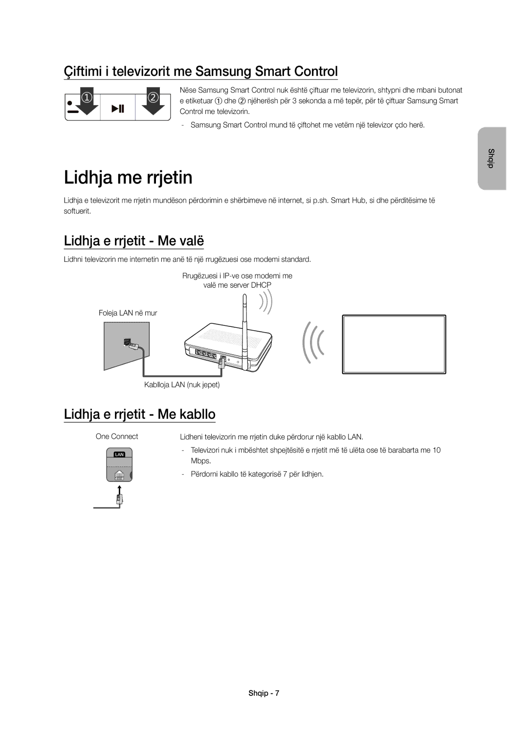 Samsung UE65JS9000LXXN manual Lidhja me rrjetin, Çiftimi i televizorit me Samsung Smart Control, Lidhja e rrjetit Me valë 