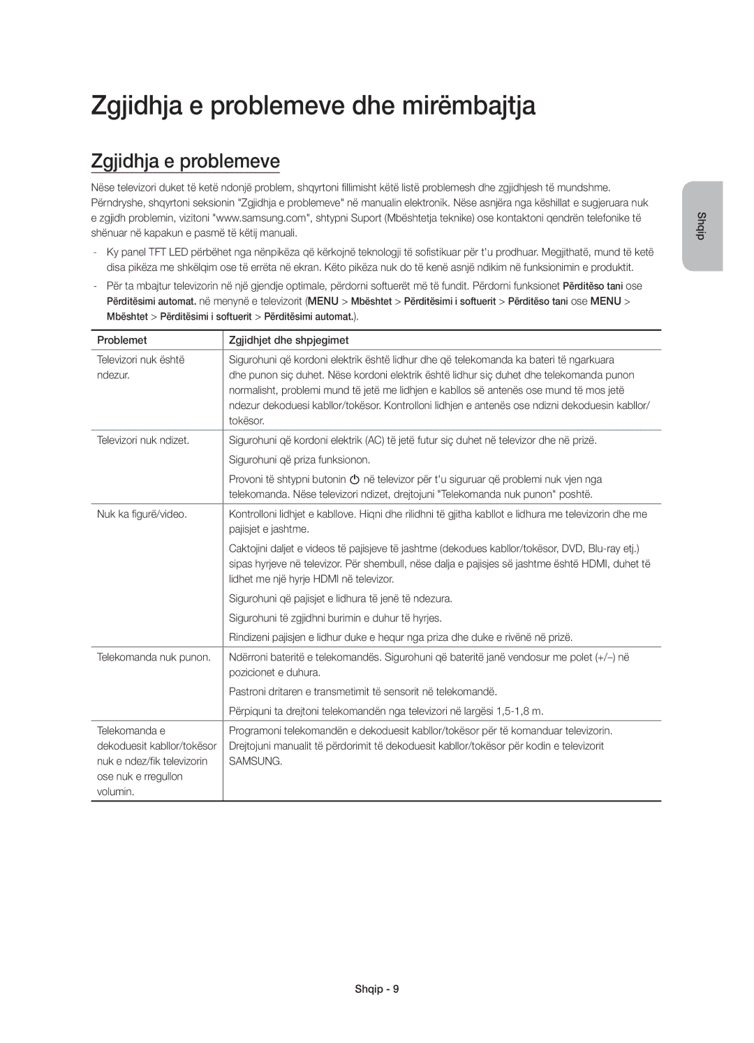 Samsung UE48JS9000LXXN, UE55JS9000LXXH, UE65JS9000LXXH, UE48JS9000LXXH, UE65JS9000LXXN Zgjidhja e problemeve dhe mirëmbajtja 