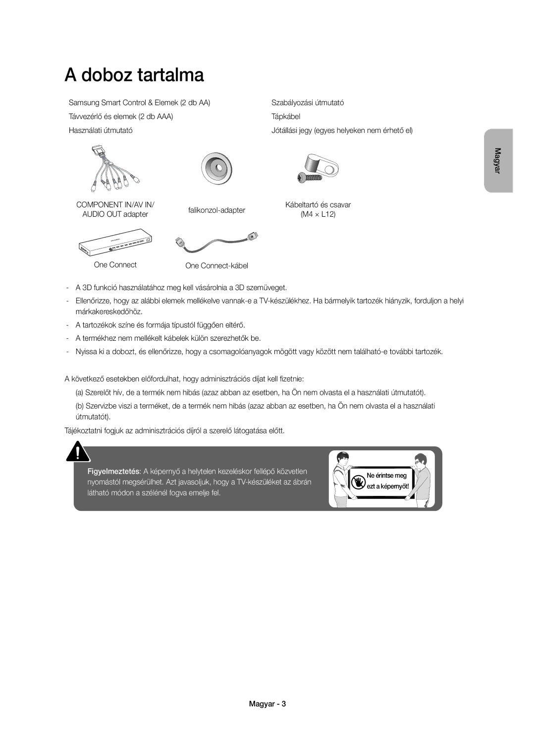 Samsung UE65JS9002TXXH, UE55JS9000LXXH, UE65JS9000LXXH, UE48JS9000LXXH manual Doboz tartalma, Falikonzol-adapter, One Connect 