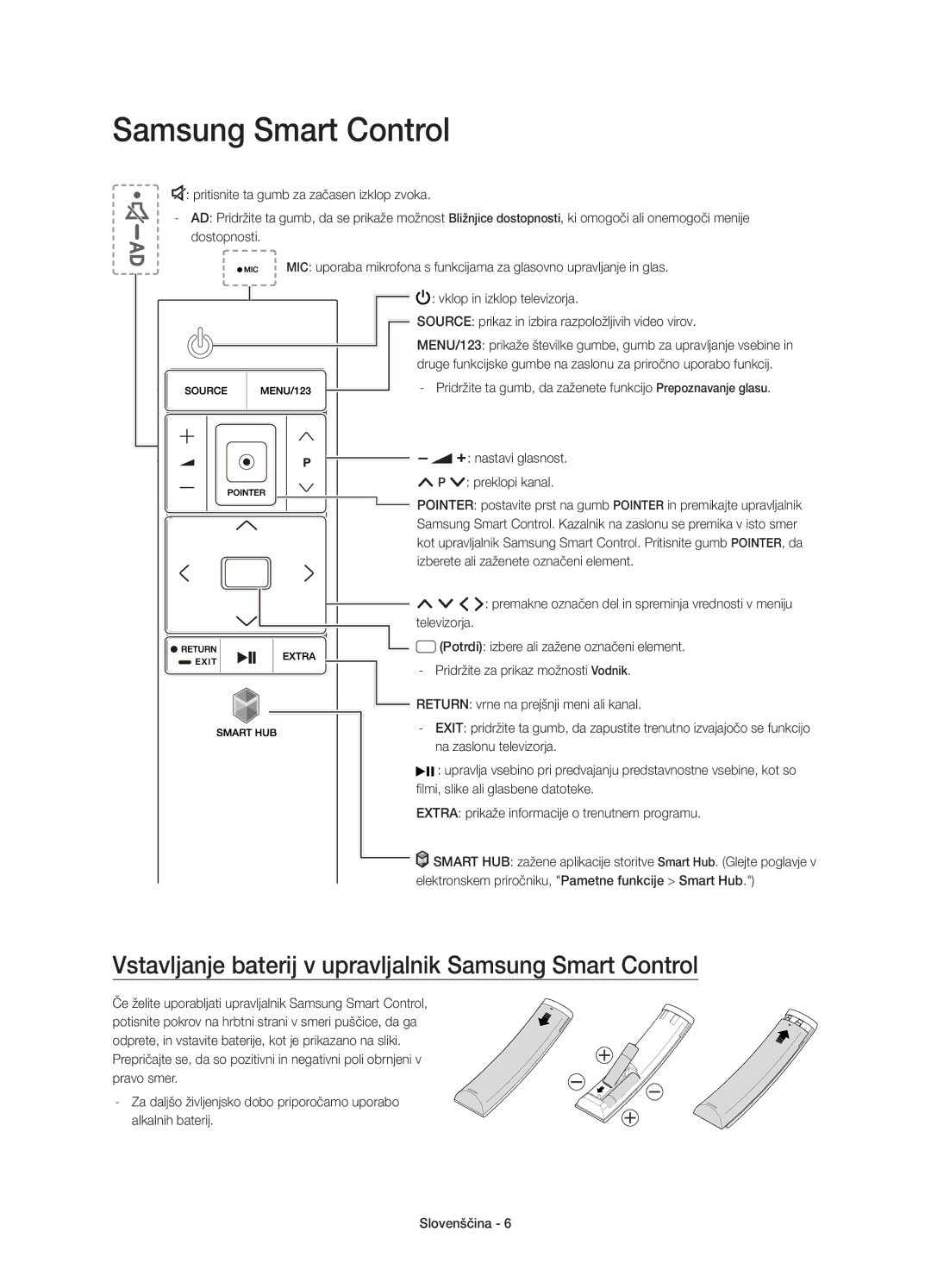 Samsung UE65JS9000LXXN, UE55JS9000LXXH, UE65JS9000LXXH manual Vstavljanje baterij v upravljalnik Samsung Smart Control 