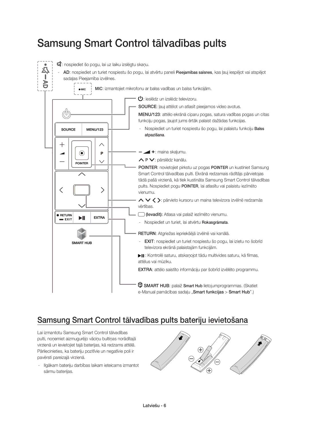 Samsung UE65JS9002TXXH, UE55JS9000LXXH, UE65JS9000LXXH manual Samsung Smart Control tālvadības pults bateriju ievietošana 