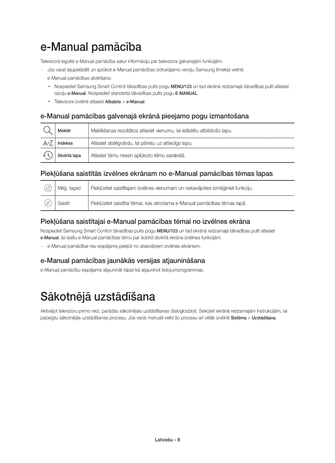 Samsung UE65JS9000LXXH manual Sākotnējā uzstādīšana, Manual pamācības galvenajā ekrānā pieejamo pogu izmantošana 