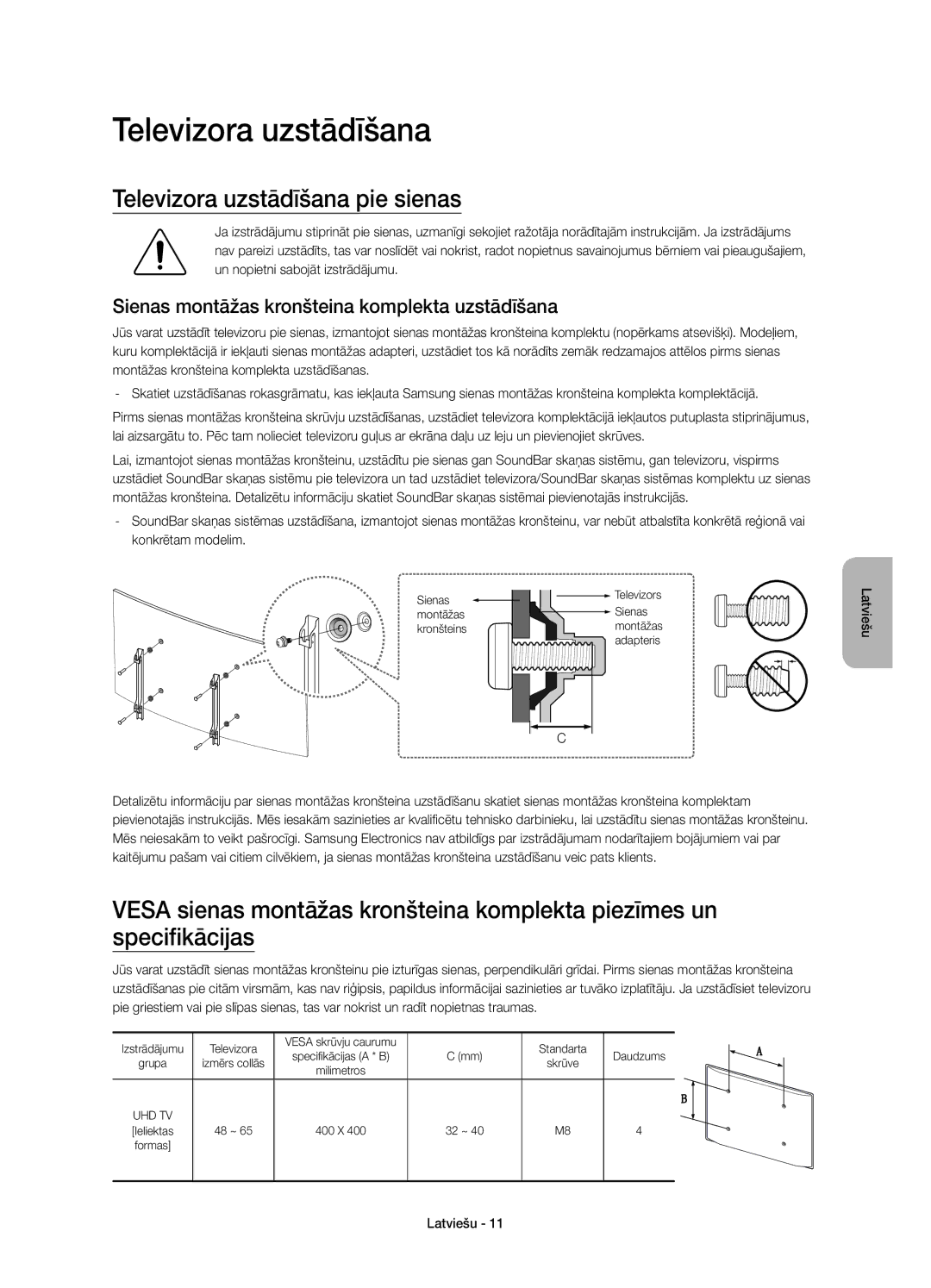 Samsung UE55JS9000LXXN manual Televizora uzstādīšana pie sienas, Sienas montāžas kronšteina komplekta uzstādīšana 