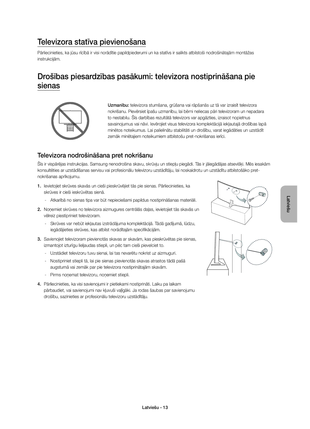 Samsung UE48JS9002TXXH, UE55JS9000LXXH manual Televizora statīva pievienošana, Televizora nodrošināšana pret nokrišanu 