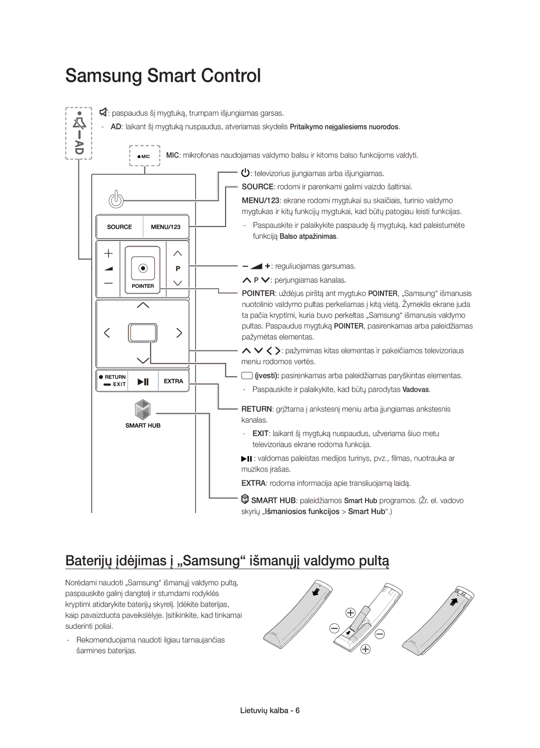 Samsung UE55JS9000LXXN, UE55JS9000LXXH manual Samsung Smart Control, Baterijų įdėjimas į „Samsung išmanųjį valdymo pultą 