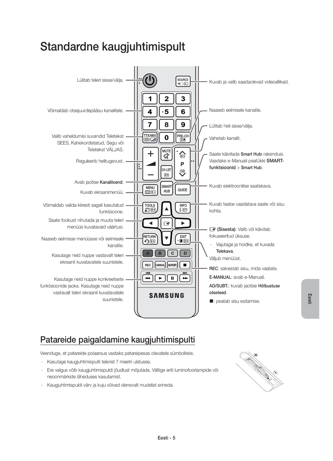 Samsung UE65JS9002TXXH, UE55JS9000LXXH manual Standardne kaugjuhtimispult, Patareide paigaldamine kaugjuhtimispulti 