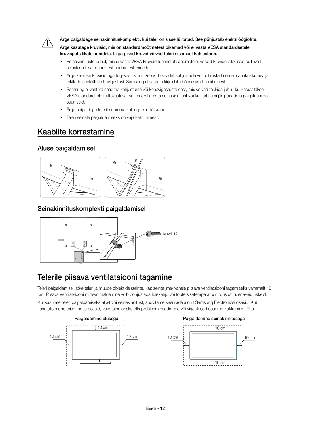 Samsung UE48JS9002TXXH, UE55JS9000LXXH, UE65JS9000LXXH manual Kaablite korrastamine, Telerile piisava ventilatsiooni tagamine 