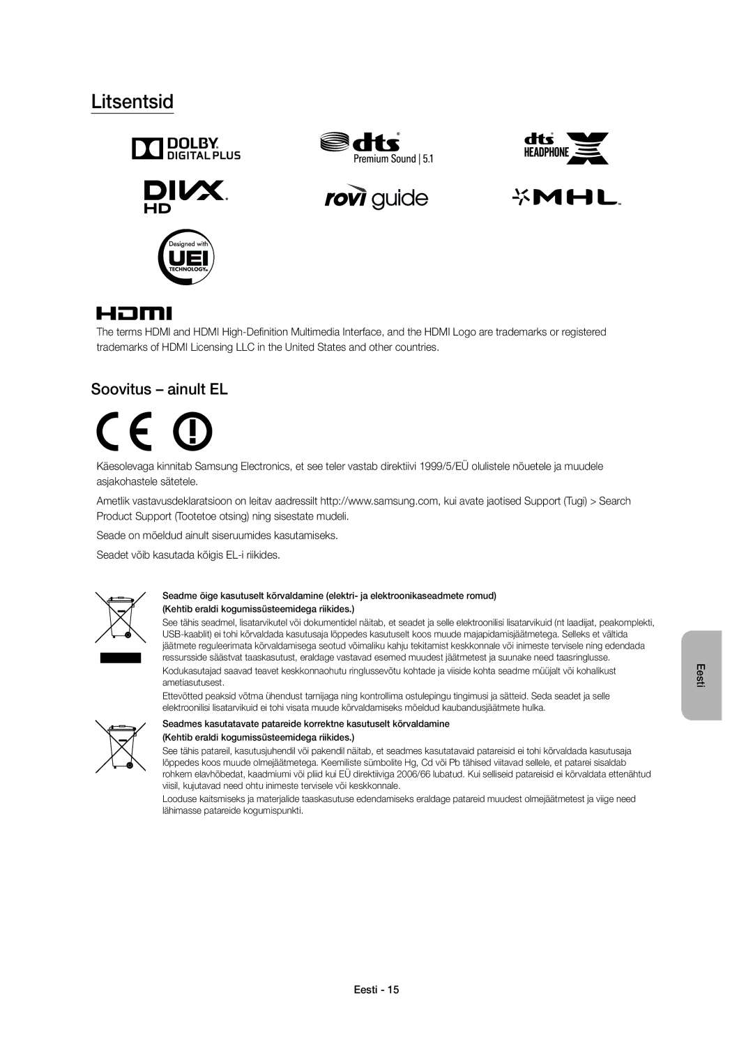 Samsung UE55JS9000LXXH, UE65JS9000LXXH, UE48JS9000LXXH, UE65JS9000LXXN, UE55JS9000LXXN manual Litsentsid, Soovitus ainult EL 