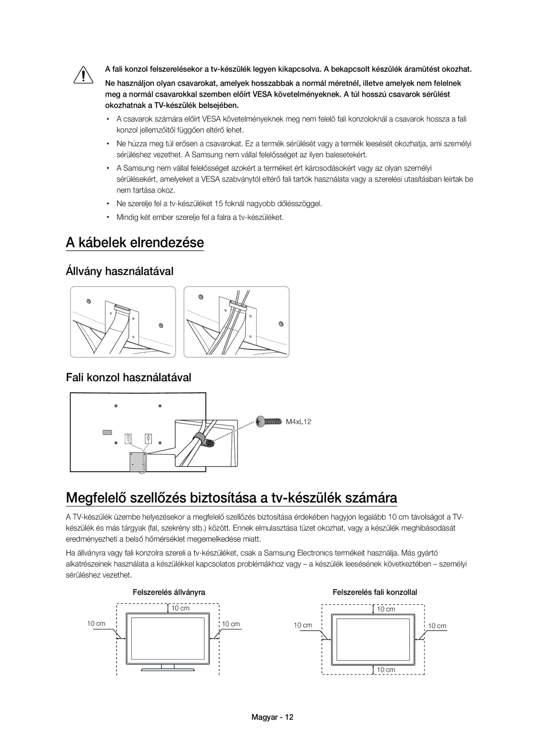 Samsung UE65JS9002TXXH, UE55JS9000LXXH manual Kábelek elrendezése, Megfelelő szellőzés biztosítása a tv-készülék számára 